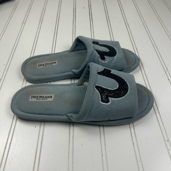 True Religion Blue Plush Slide Slippers Rhinestone Logo Women’s Size 6.5–7.5 - Picture 5 of 10